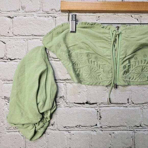 Herencia Collection Green Bustier Crop Top Puff Sleeve Embroidered Detail Size M - Picture 2 of 10